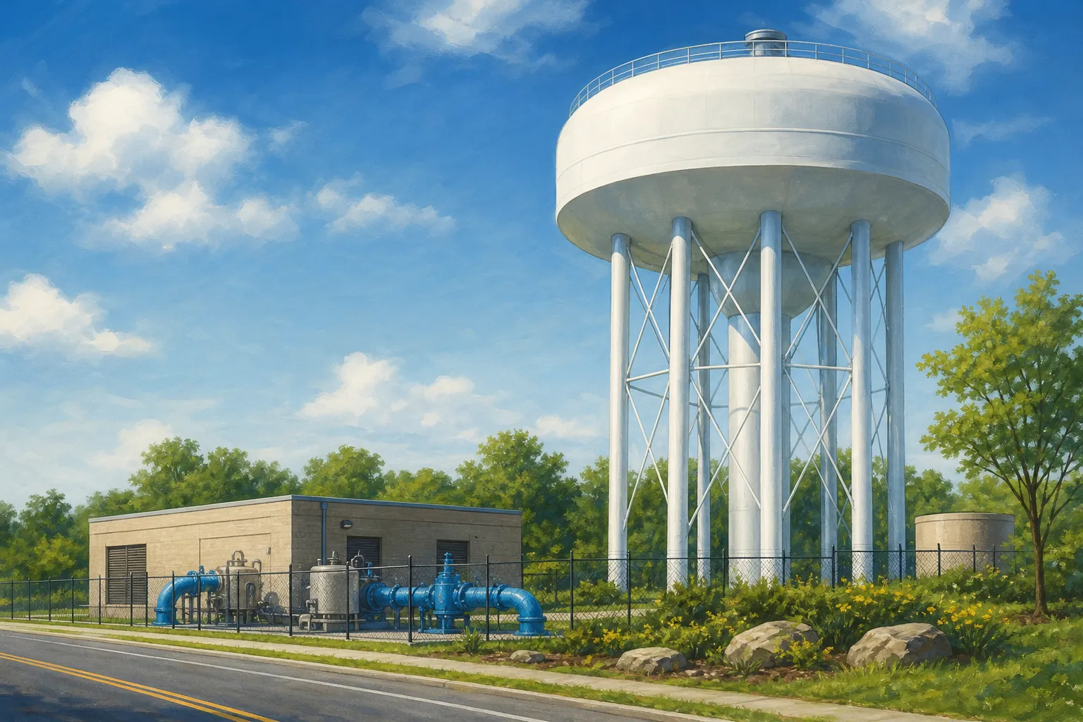 AI-generated illustration of the topic: Citizens Water seeks IDEM construction permit for Lafayette Road 2‑MG tank and booster station