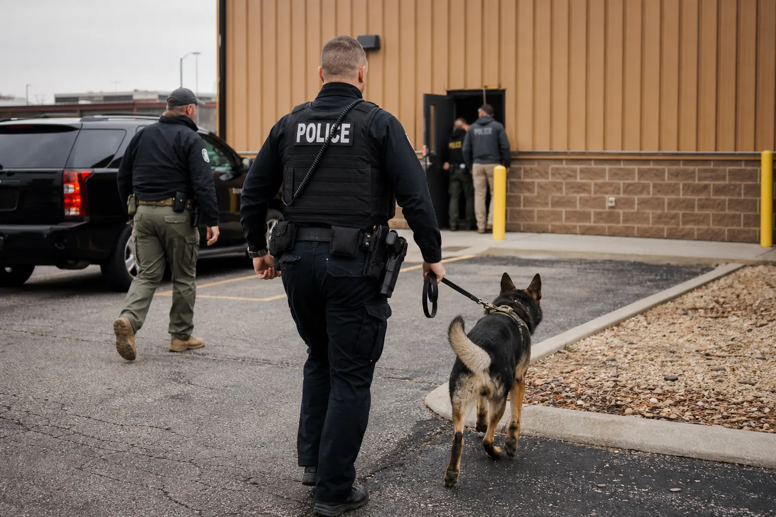 AI-generated illustration of the topic: Lawrence police aid ICE after barricade at local business, underscoring public-safety impacts for Indiana firms