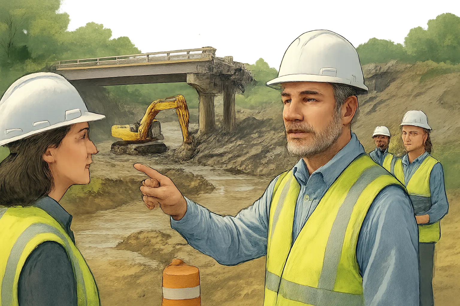 AI-generated illustration of the topic: Hamilton County schedules Sept. 28 demolition of Hazel Dell Parkway bridge; Milestone to lead work