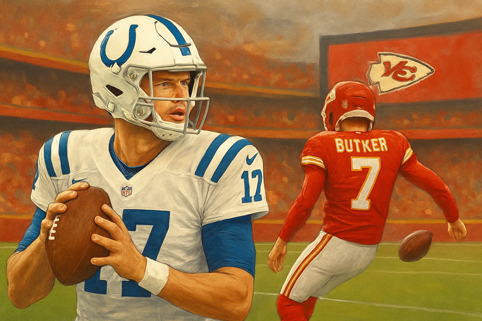 AI-generated illustration of the topic: Colts lose in overtime at Chiefs after Harrison Butker’s 40-yard field goal