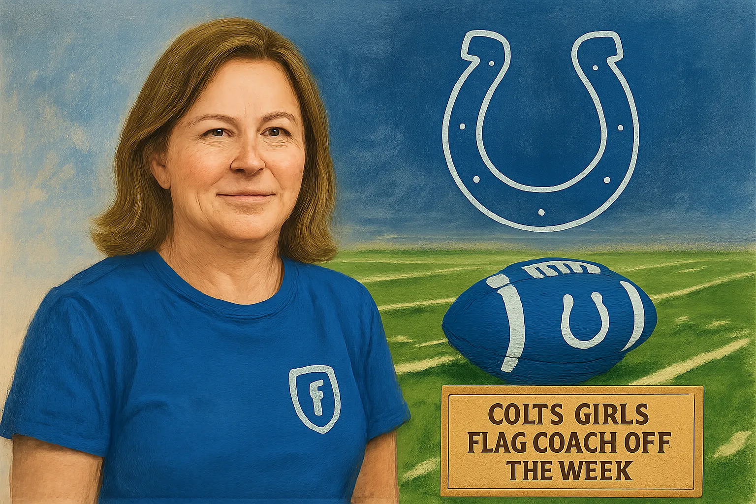 AI-generated illustration of the topic: Elkhart’s Stephanie Elam named Colts Girls Flag Coach of the Week for Week 4