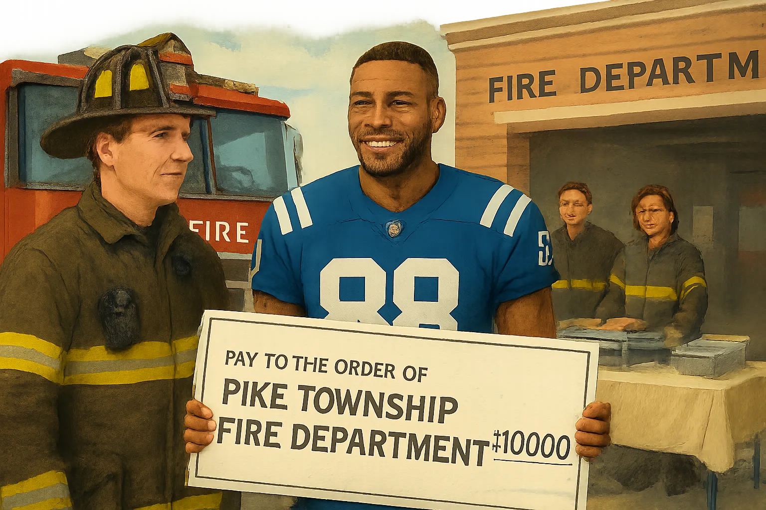 AI-generated illustration of the topic: Colts kick off 2026 Community Tuesdays with rookie visit to Pike Township Fire HQ, $10,000 donation