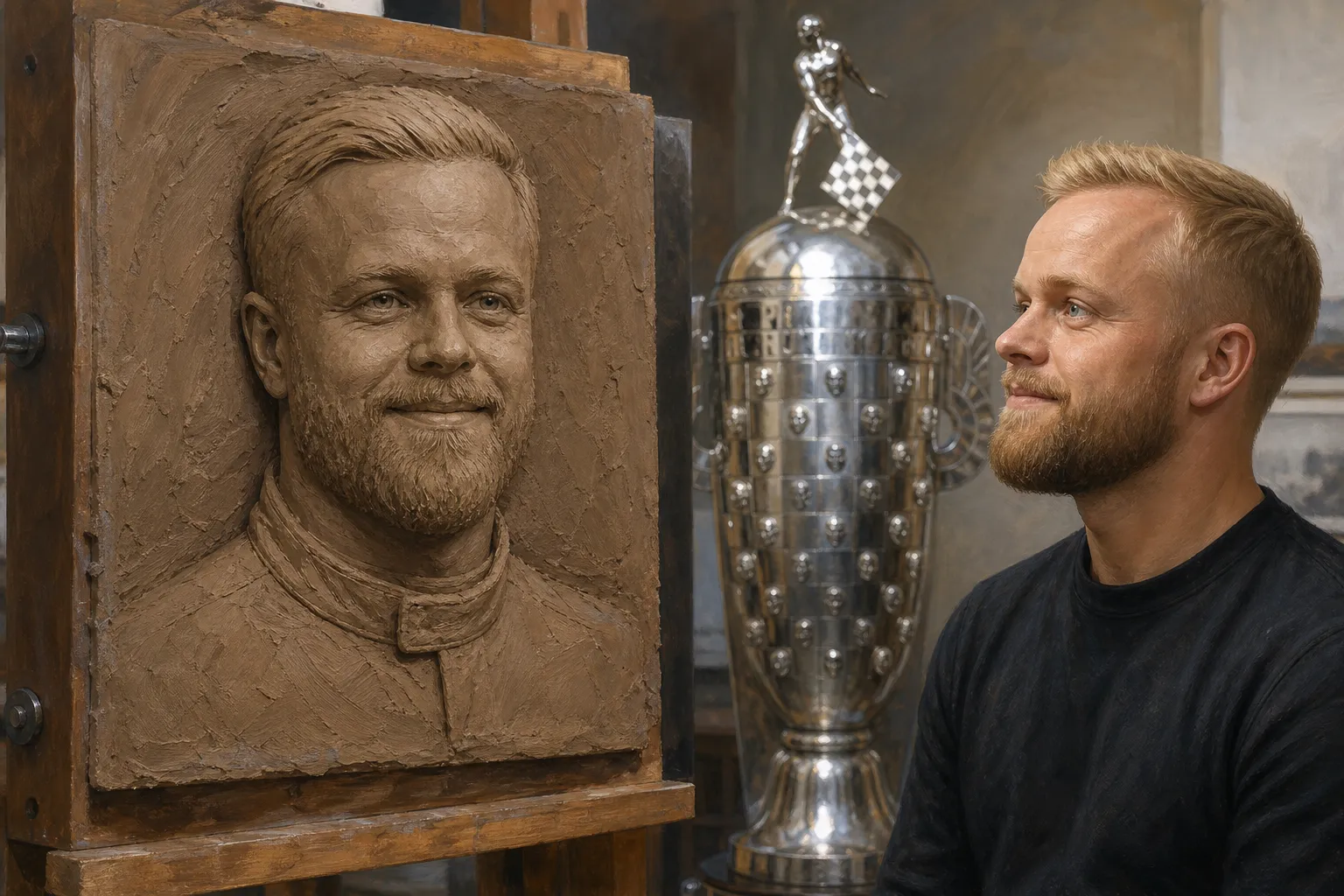 AI-generated illustration of the topic: Felix Rosenqvist’s Borg‑Warner Trophy likeness unveiled Sept. 22 after his 2026 Indy 500 victory