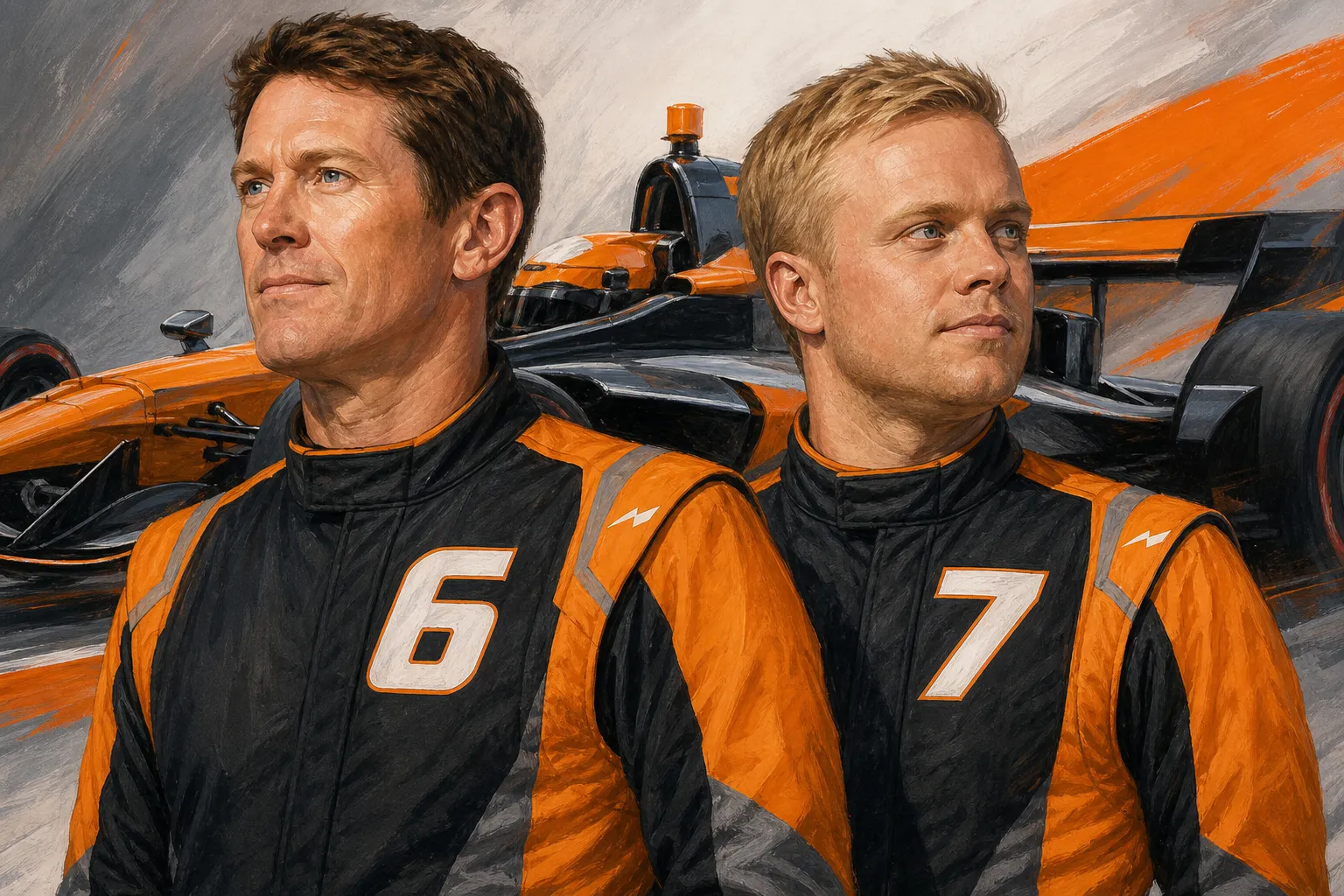 AI-generated illustration of the topic: Arrow McLaren names Scott Dixon No. 6 and Felix Rosenqvist No. 7 for 2027 INDYCAR season