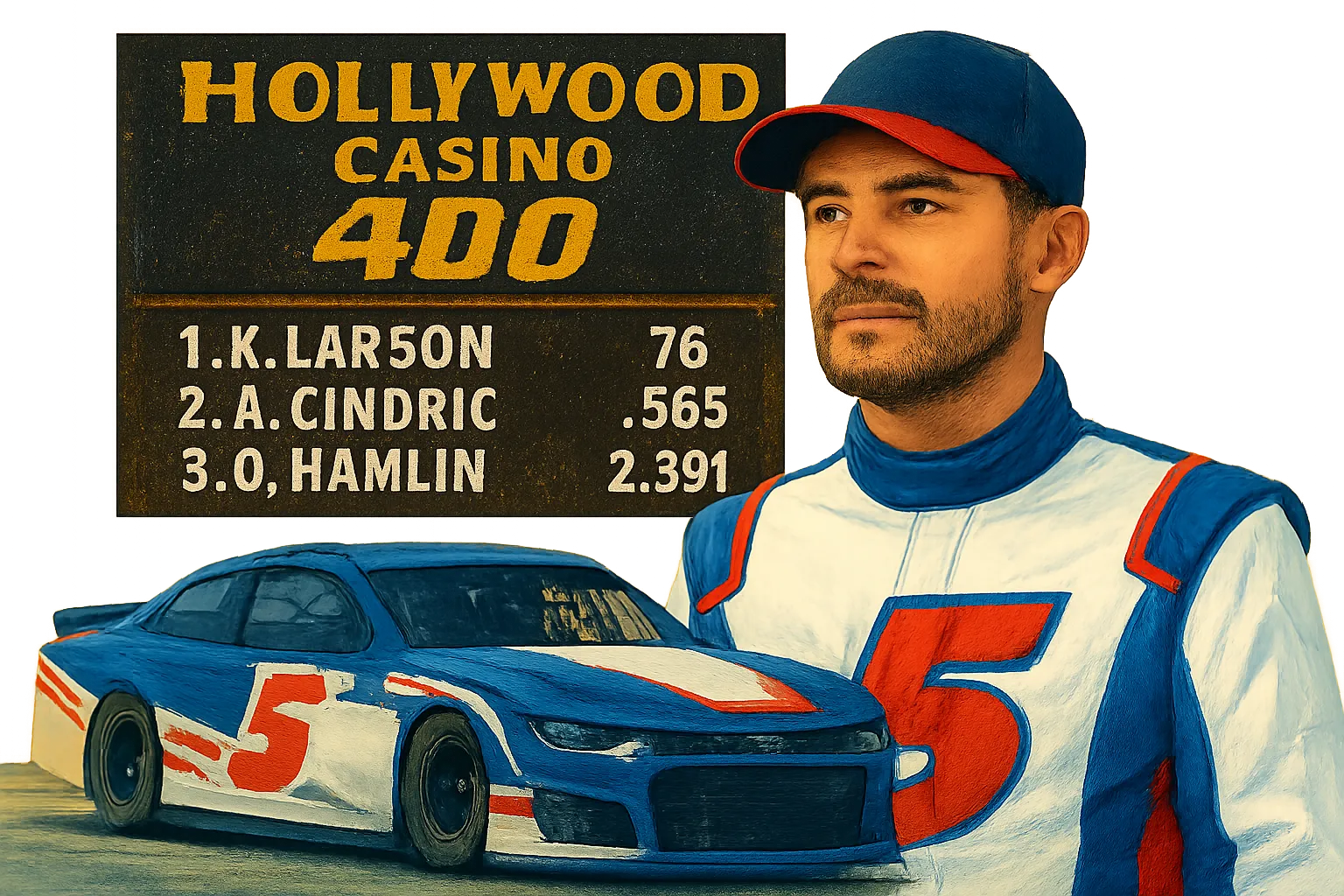 AI-generated illustration of the topic: Kyle Larson wins 2026 Hollywood Casino 400; Austin Cindric, Denny Hamlin round out top three