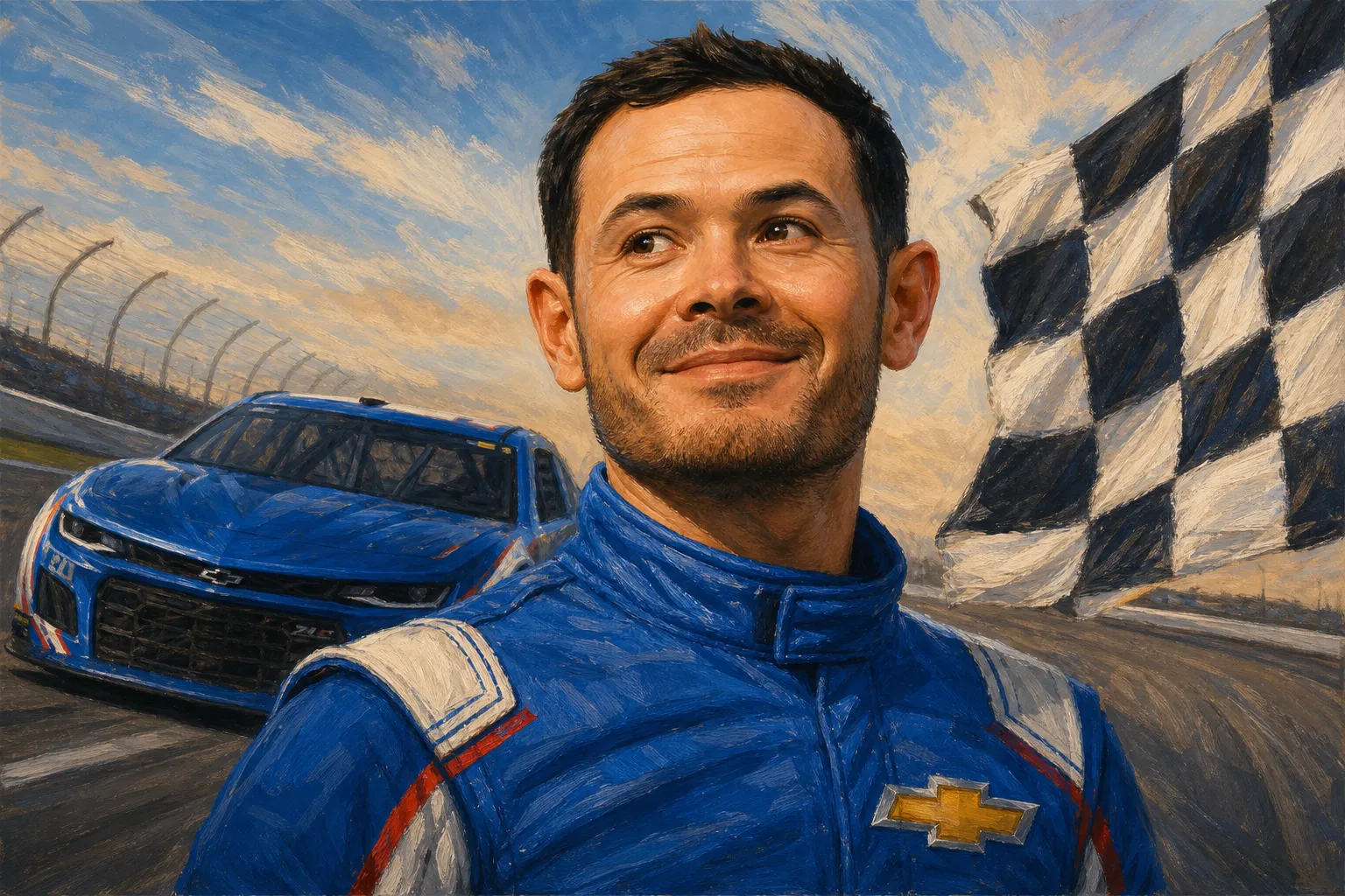 AI-generated illustration of the topic: Kyle Larson wins Hollywood Casino 400 at Kansas, expands lead in Cup Chase