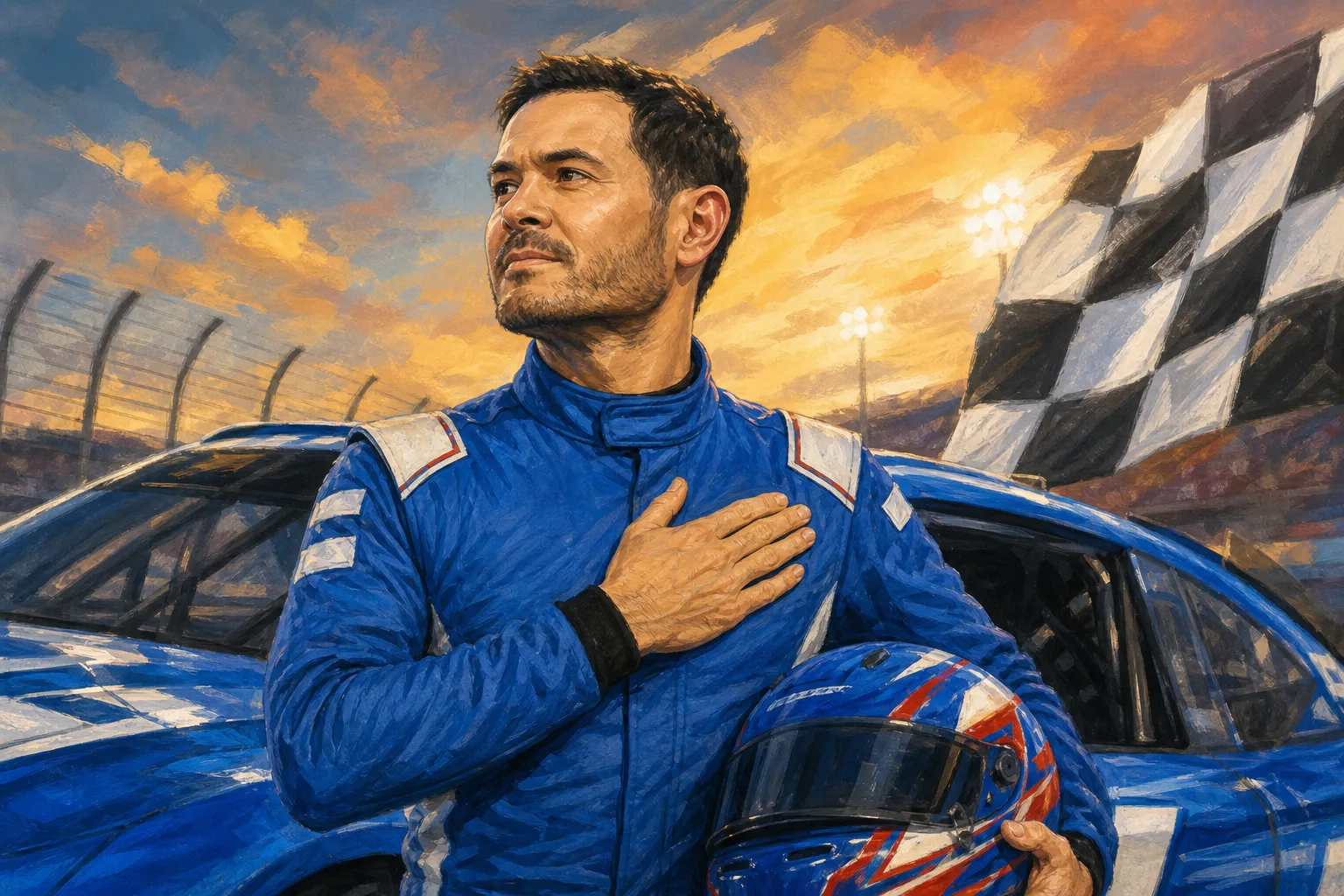 AI-generated illustration of the topic: Kyle Larson wins at Gateway, ends 51-race drought and climbs to 2nd in NASCAR Chase