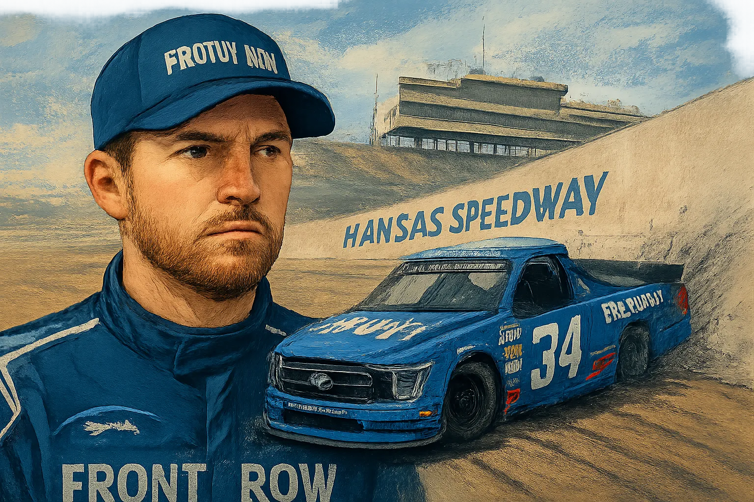 AI-generated illustration of the topic: Layne Riggs loses Truck Series points lead after wall contact, finishes 19th at Kansas (Sept. 26, 2026)