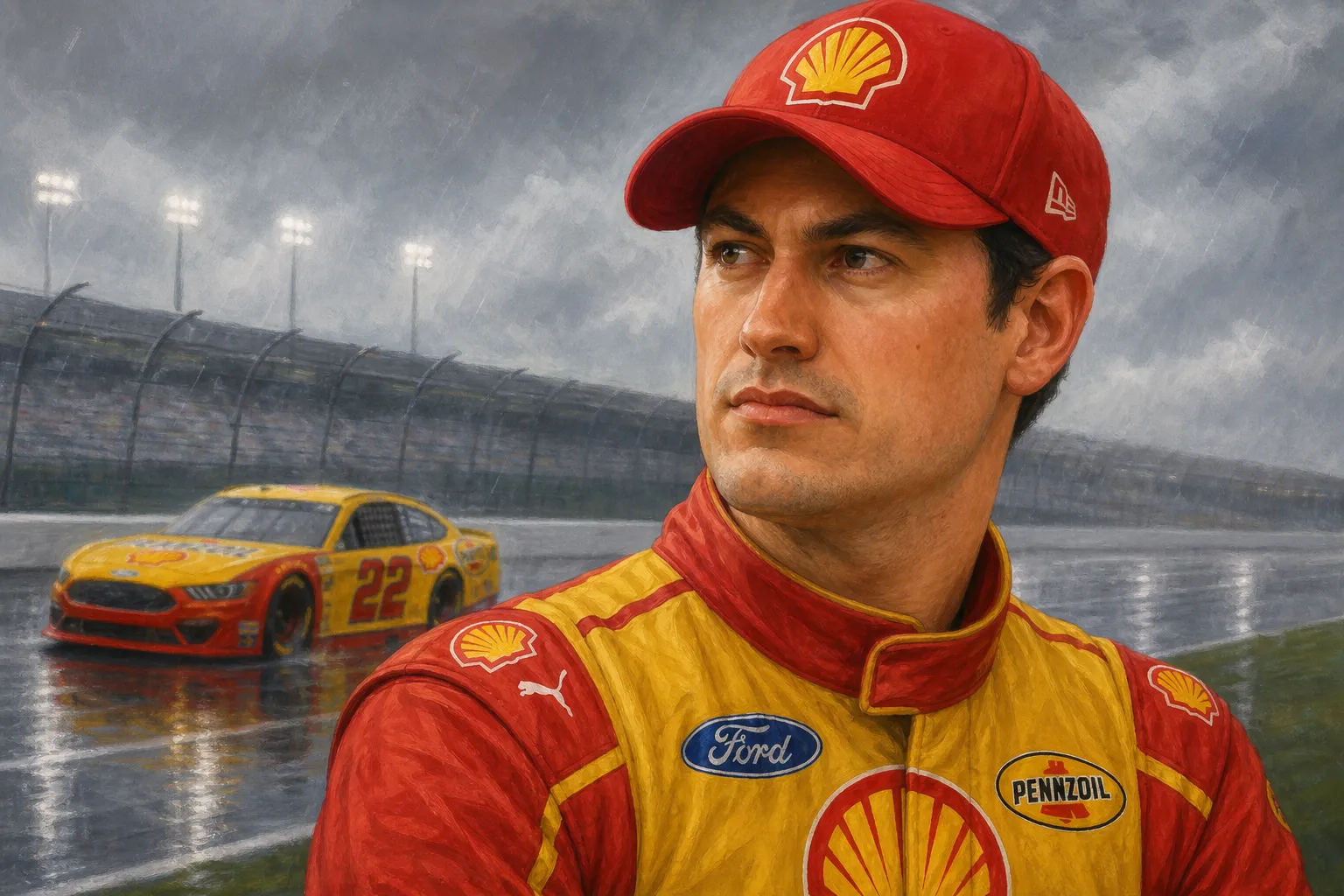 AI-generated illustration of the topic: Joey Logano awarded pole at Kansas after practice and qualifying canceled